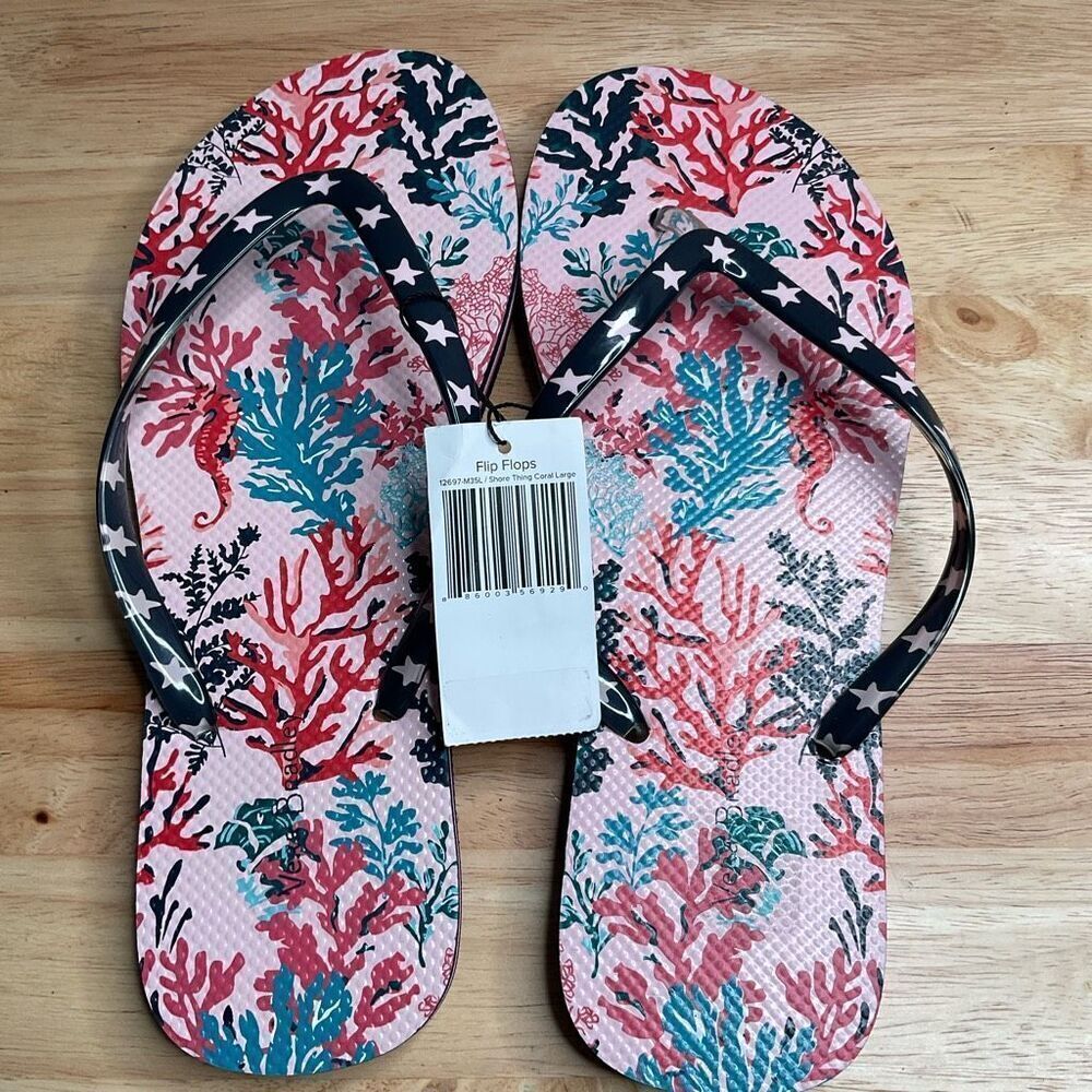 Vera Bradley SHORE THING Women's Flip Flops Large Pink Sea Horses Corals Beachy